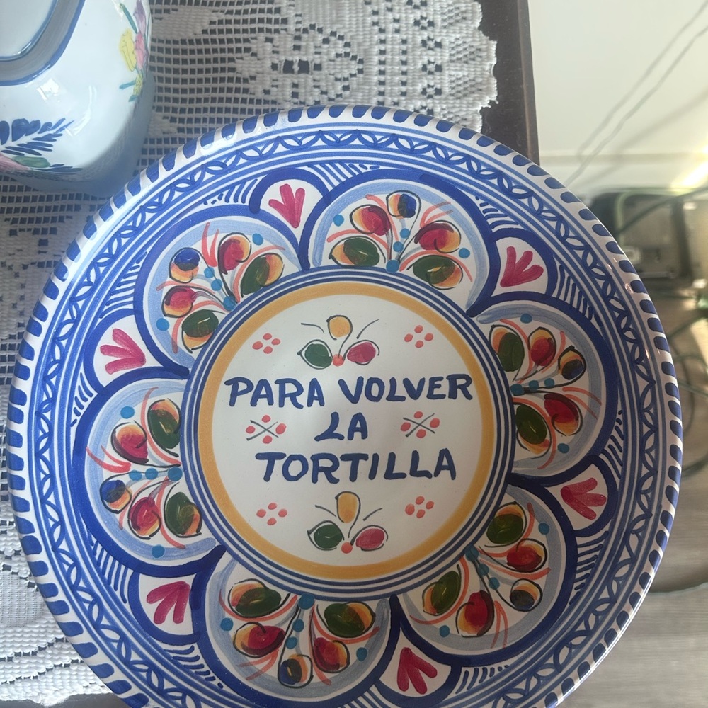 Hand-Painted Blue Ceramic Serving Plate with Spanish Motif